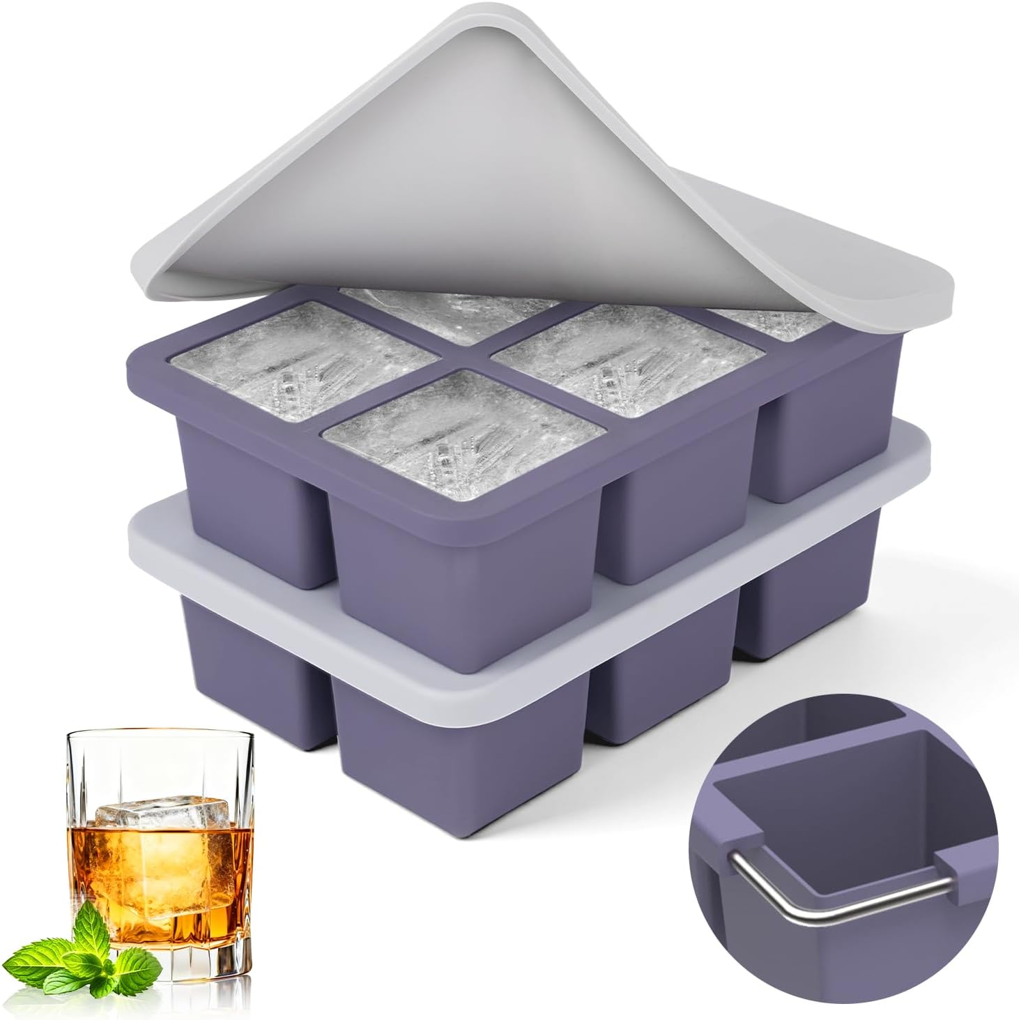 Silicone Mold Tray - シリコン製製氷皿：2個パック 正方形 ウイスキー用大型製氷型 - 蓋付きオールドファッションド製氷皿 -