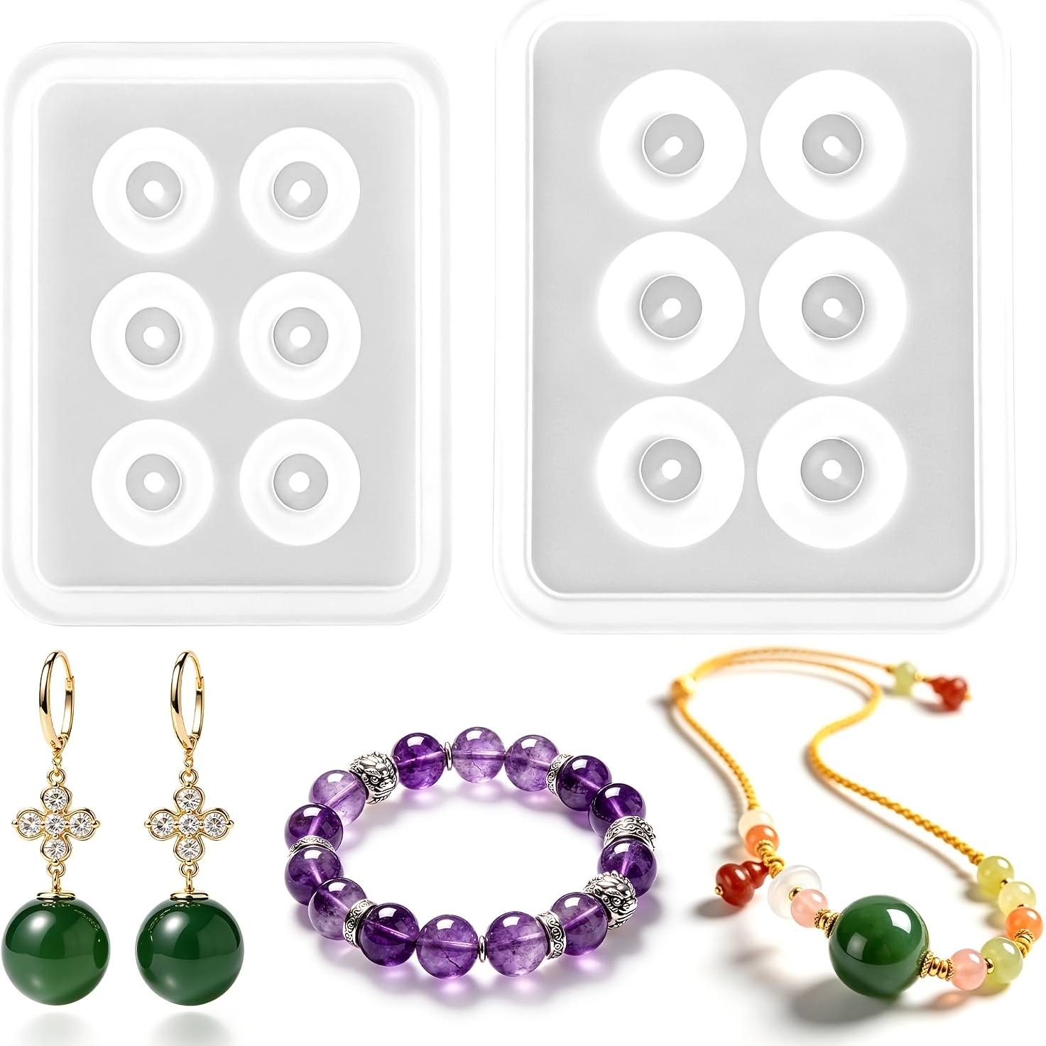 Resin Jewelry Kit - 2つの穴あき球形シリコンビーズ型、円形エポキシ樹脂型、ジュエリーや宝石のDIYプロジェクトに最適