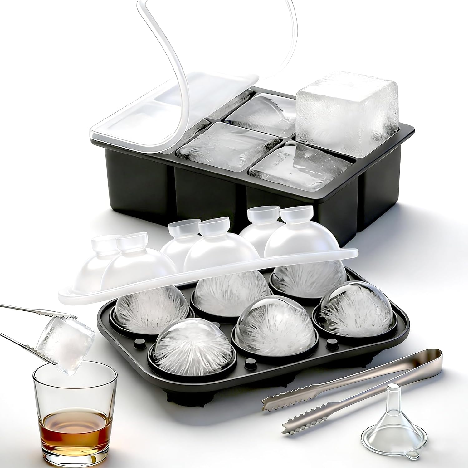 Silicone Mold Tray - 密閉蓋とクランプ付き大型角型製氷皿、シリコン製氷塊トレイ（2個セット）- 大型角型6個＆ボール型製氷器6個