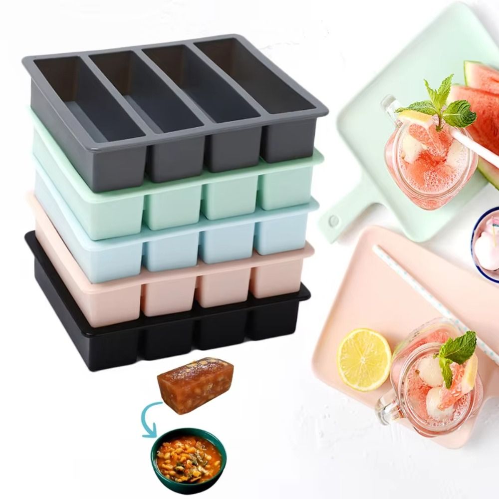 Serving Tray Mold - 新しい4グリッド巨大食品保存容器、蓋付きシリコン製冷凍トレイ、特大スープ/アイストレイ、食品冷凍型