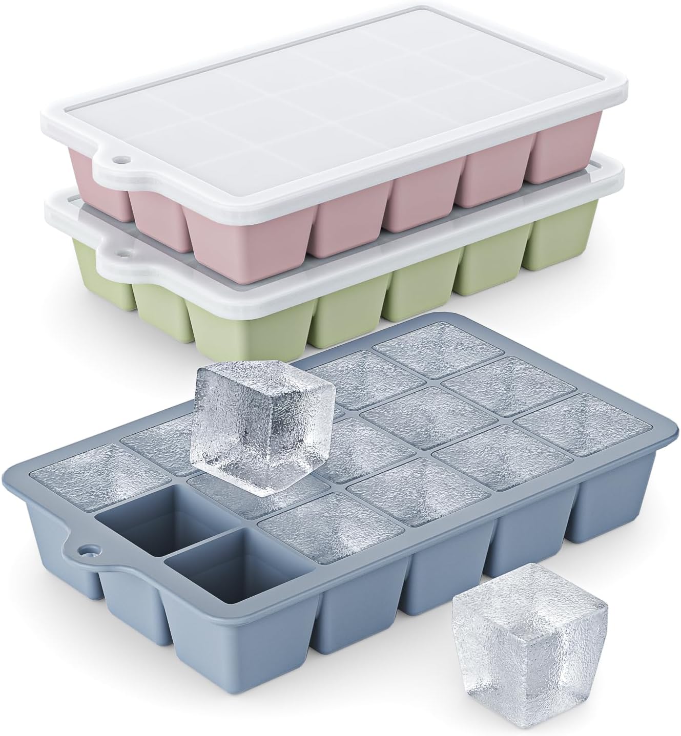 Silicone Mold Tray - シリコン製製氷皿3個セット - 簡単に取り出せる蓋付き製氷皿、BPAフリー冷凍庫用製氷皿、カクテル用製氷型