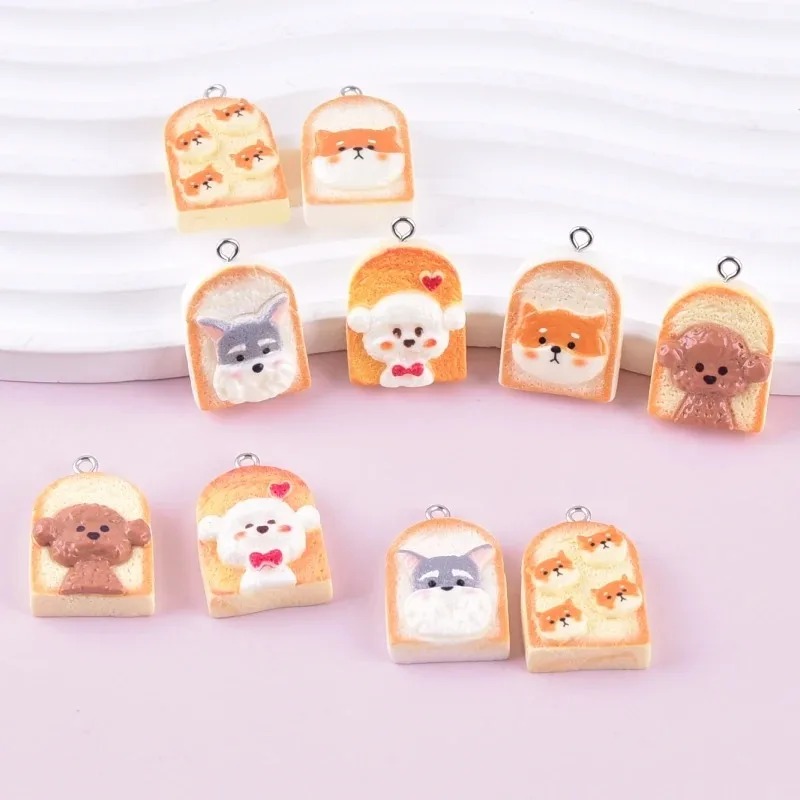 Resin Craft Material - 10 個かわいいトースト犬樹脂ペンダント漫画動物チャーム DIY クラフト用品イヤリングキーホルダーファッションジュエリー装飾