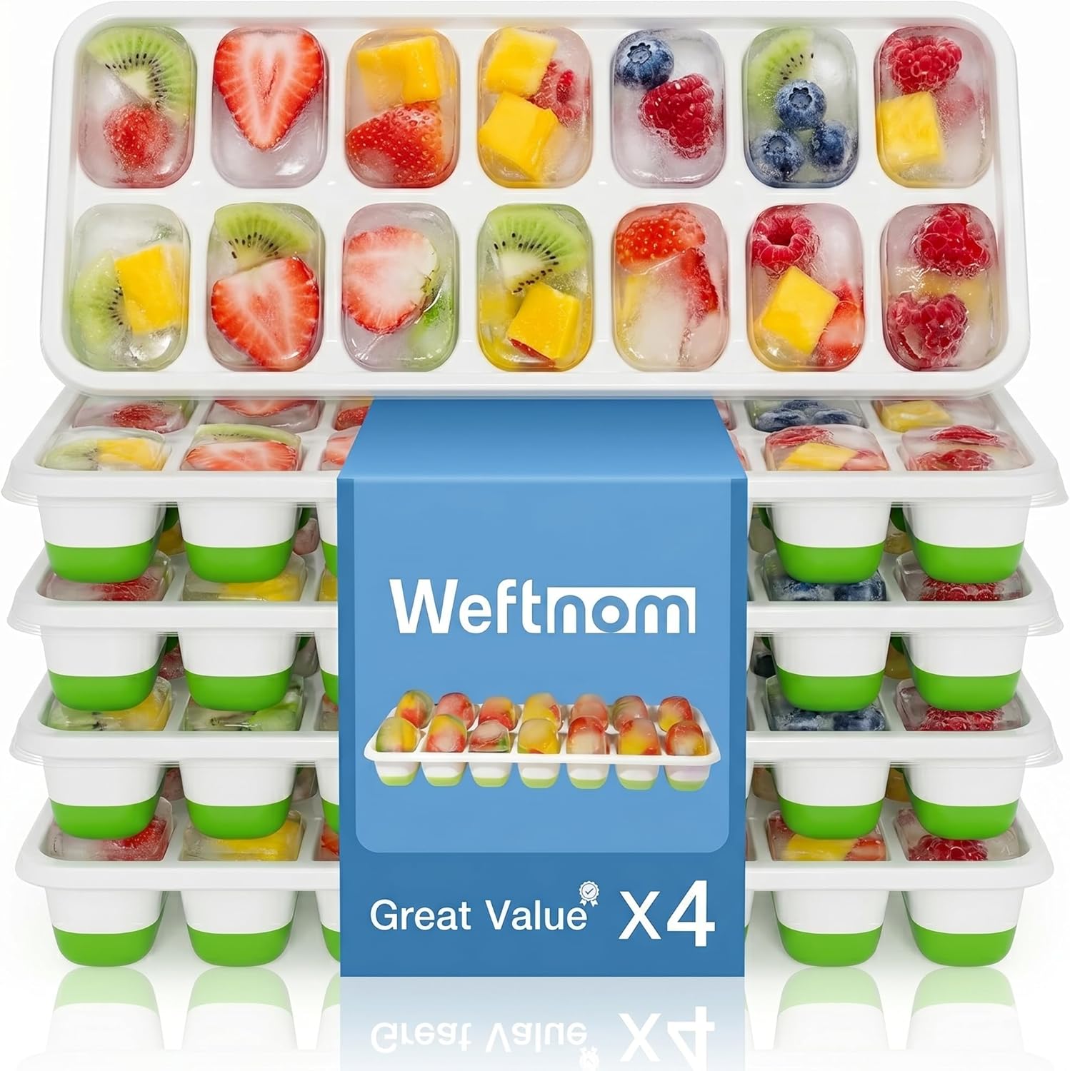 Silicone Mold Tray - 冷凍庫用蓋付き製氷皿、シリコン製4個セット、56個のキューブが入る | 簡単に取り出せる再利用可能な製氷皿、頑丈なPPフレーム、BPAフリー