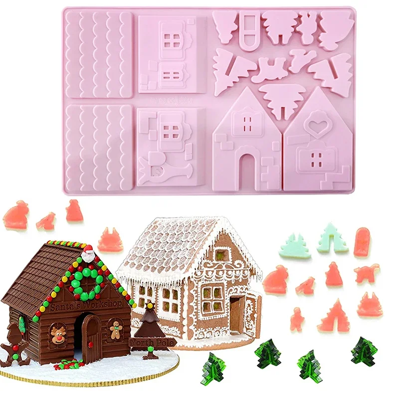 Silicone Mold Tray - ジンジャーブレッドハウス型ベーキングトレイ、クリスマスビルディングブロック、チョコレート、シリコンモールド、ケーキデコレーション、diyビスケットステンシル