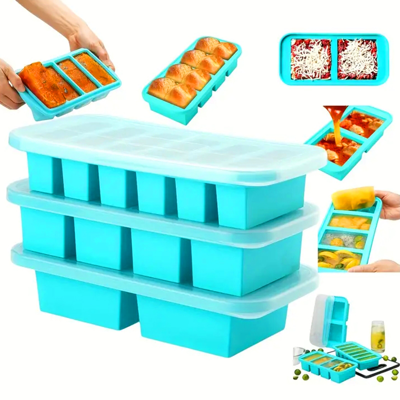 Serving Tray Mold - 蓋付きシリコン製冷凍トレイ型（2個または3個）、保存容器、スープ、だし、食事の準備、氷の保存用