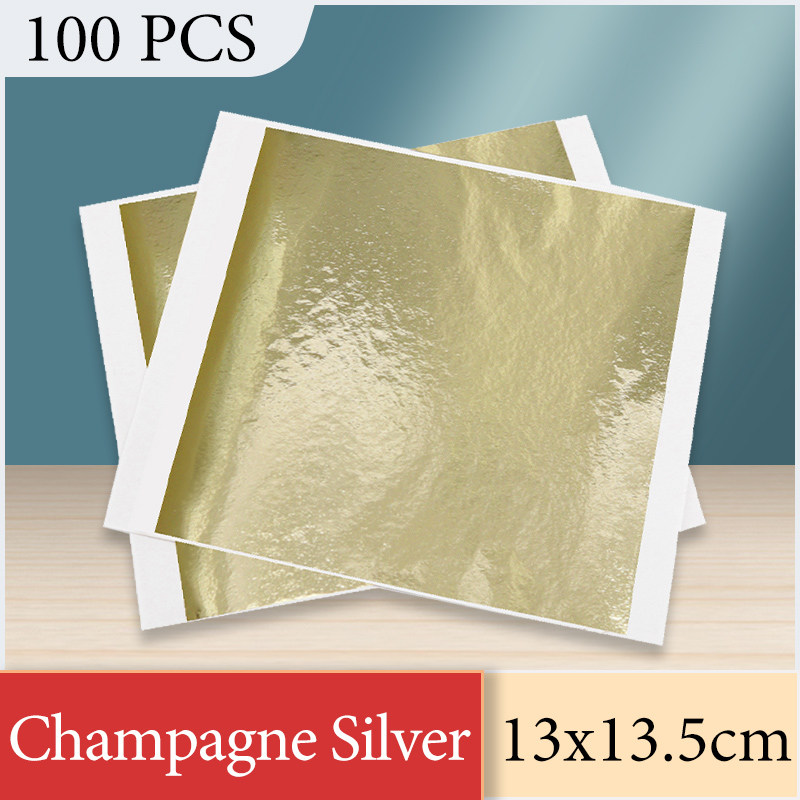 Gold Foil Flakes - シルバーとシャンパンのホイル紙,芸術的な金箔のシート,家具の釘の装飾,絵画,金メッキ,クラフト紙,13x13.5cm, 100個