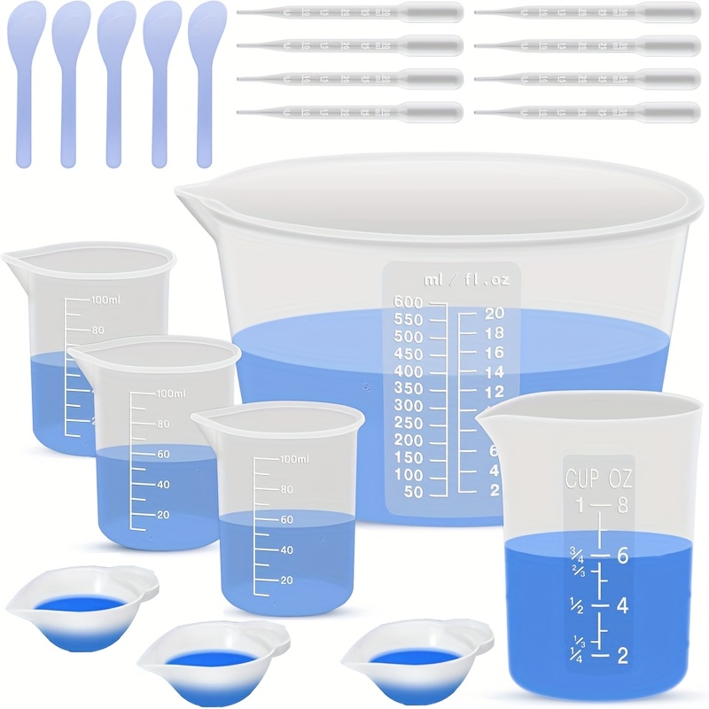 Mixing Cup Silicone - シリコン樹脂混合計量カップ、樹脂用品用、600ml/20オンスボウル、250mlと100mlの厚みのある再利用可能なシリコンカップ、エポキシ用