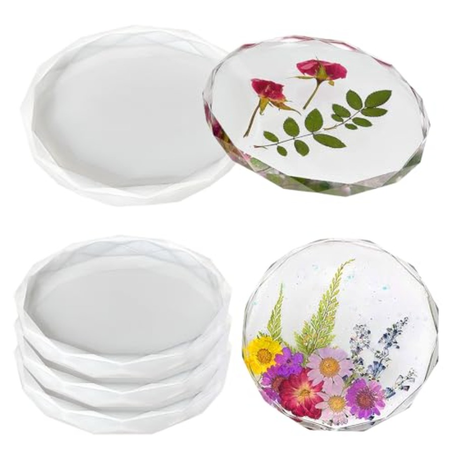Geode Mold Silicone - 4個入りコースター型 - ダイヤモンドエッジクリスタルとラウンドジオードシリコン型 エポキシ樹脂キャスティング用