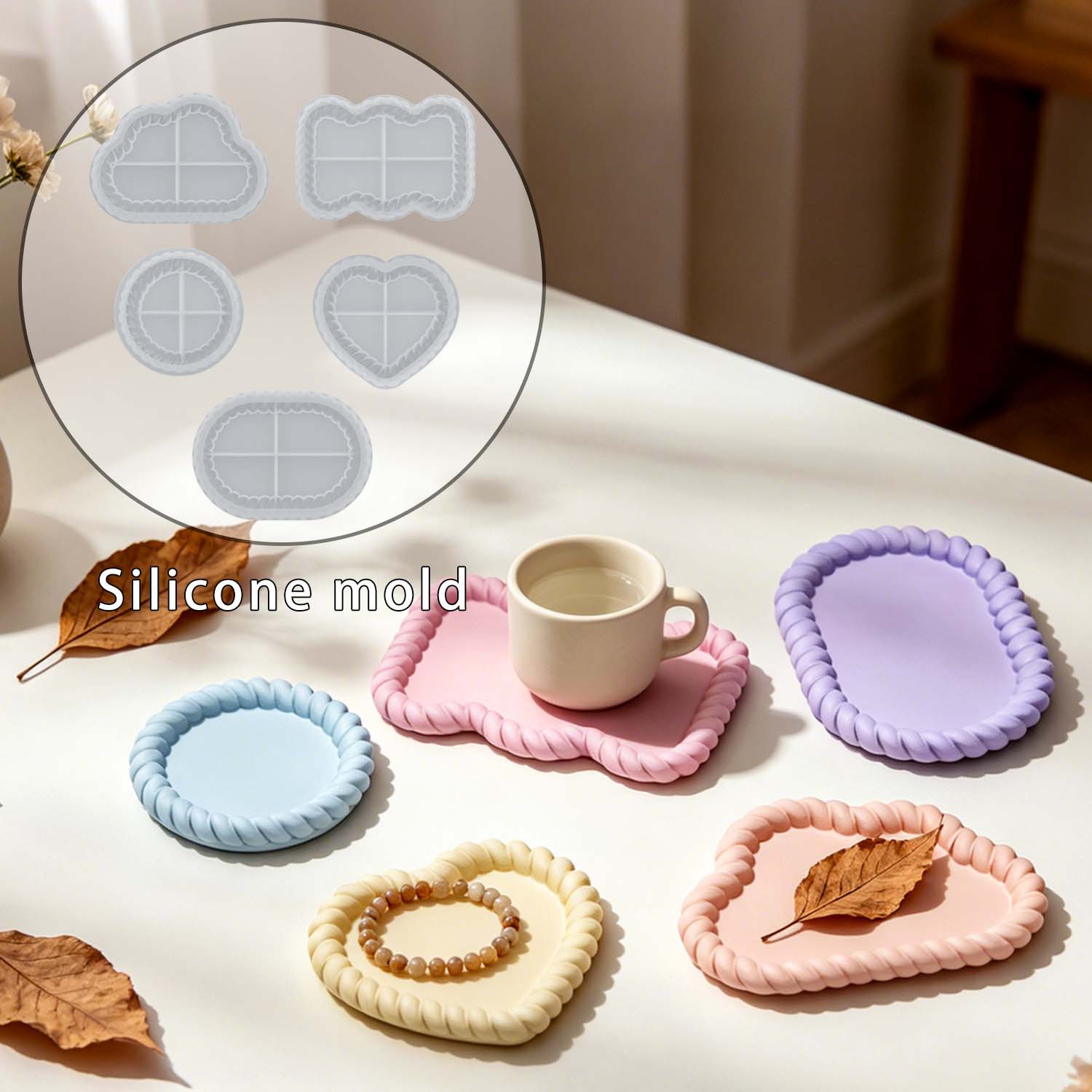 Serving Tray Mold - 様々なジュート製コースターセット、クリスタルレジンフラワーモールド、ボトル型ティーコースター収納ボックス、家の整理整頓と装飾品