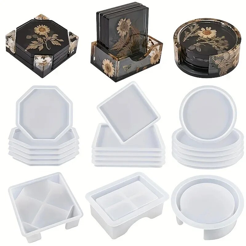 Serving Tray Mold - コースター樹脂モールドセットには、コースター収納ボックスモールド1個、エポキシ樹脂用シリコーン樹脂コースターモールド4個が含まれます。