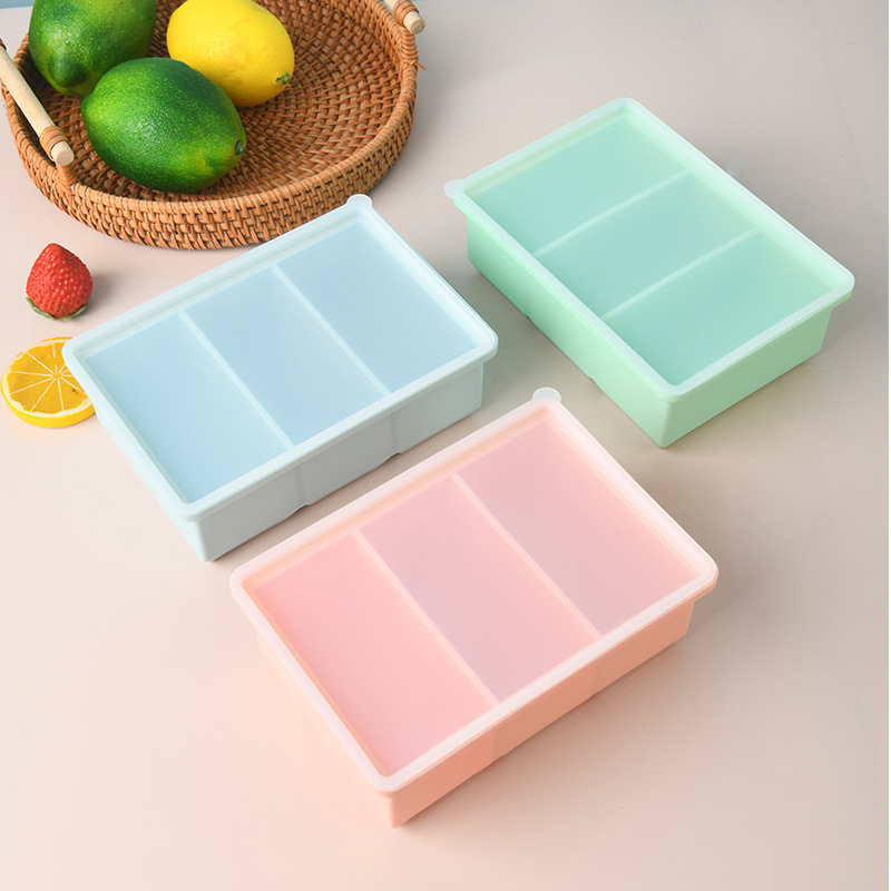 Serving Tray Mold - 巨大な食品保存容器、蓋付きシリコン製冷凍トレイ、特大スープアイス3キューブトレイ、食品冷凍型