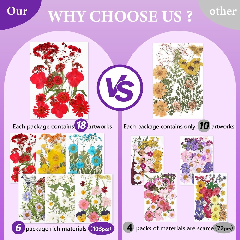 レジン用ドライフラワー、103個入り天然ドライフラワークラフ - Dried Flower Bulk のレビューと価格